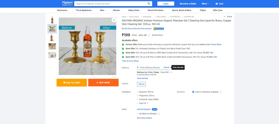 How to Buy Ashtam Premium Organic Pitambar Gel Products on Flipkart.com During the Big Billion Day 2024 Sale